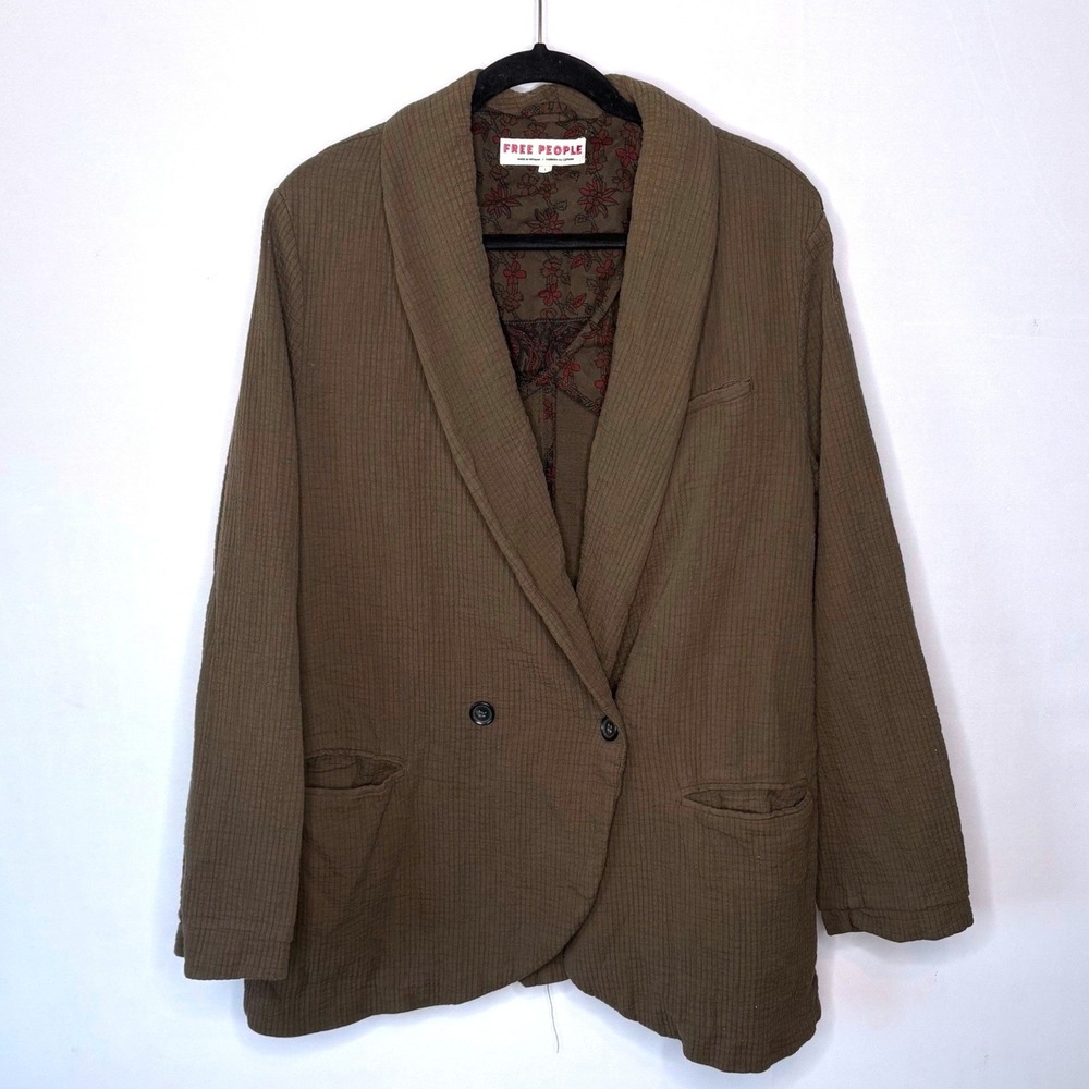 Free People Brown Textured Shawl Collar Double Breasted Blazer Jacket Size L
